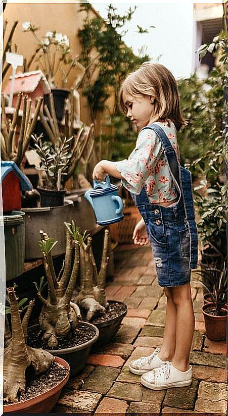 Girl caring for plants